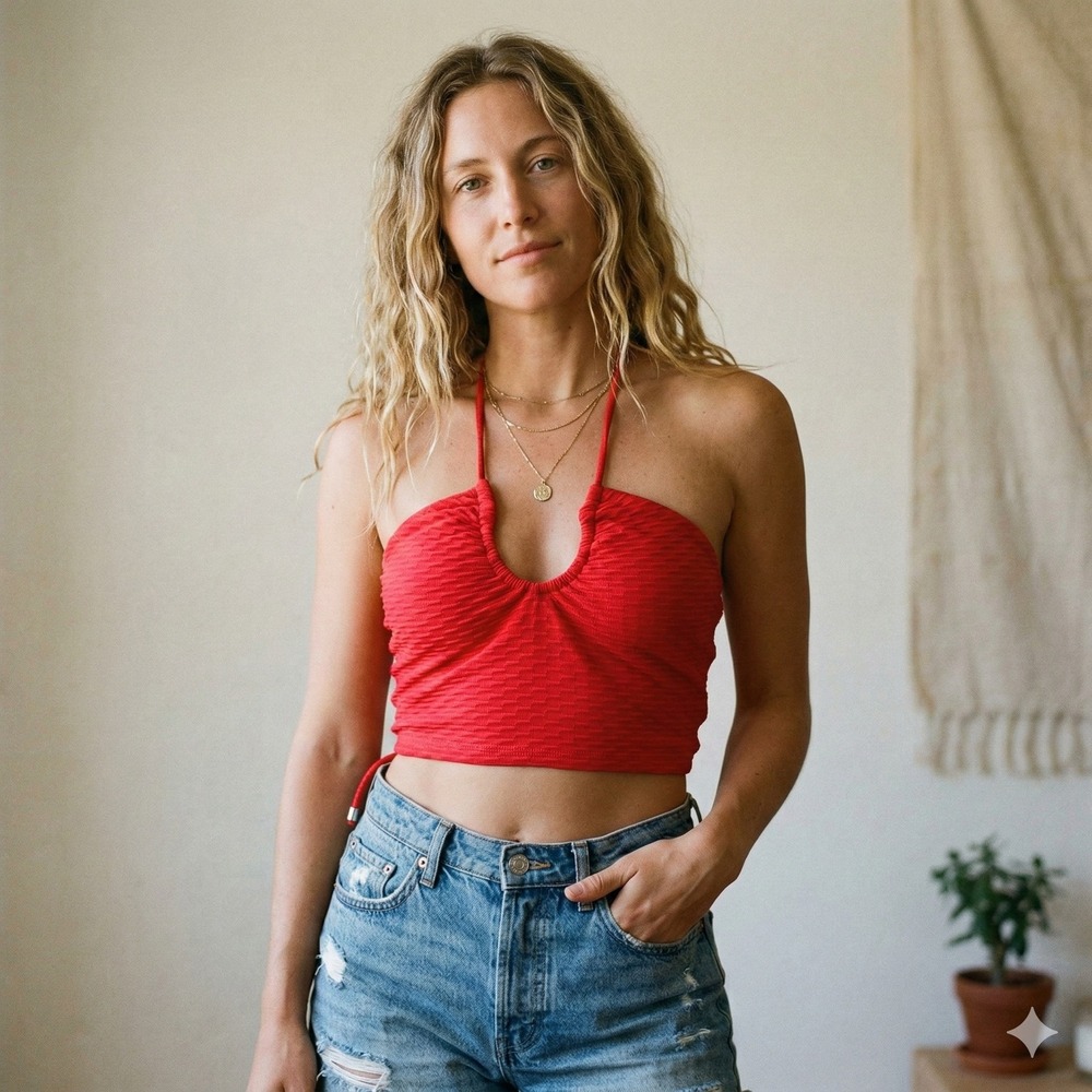 Buffbunny Collection Halter Top Womens XS Red Textured Keyhole Tie Back Swim‎